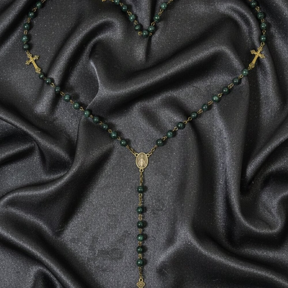 Dark Green Beaded Rosary Antique Brass Crosses Necklace NWOT - Picture 8 of 10